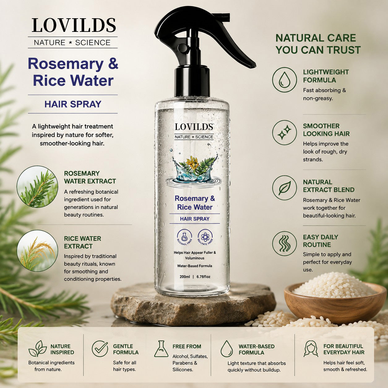 Rosemary & Rice Water Hair Care Spray – Lightweight Leave-In Mist for Soft, Smooth & Shiny-Looking Hair