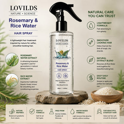 Rosemary & Rice Water Hair Care Spray – Lightweight Leave-In Mist for Soft, Smooth & Shiny-Looking Hair