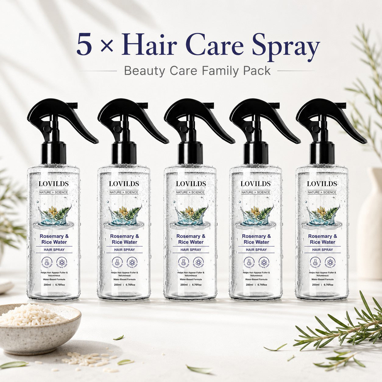 Rosemary & Rice Water Hair Care Spray – Lightweight Leave-In Mist for Soft, Smooth & Shiny-Looking Hair